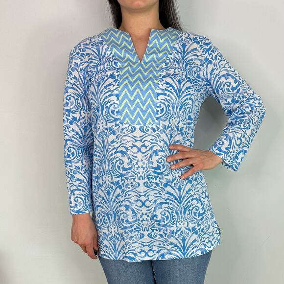 J.McLauglin Blue White & Green Patterned Lightweight Tunic Top - Picture 1 of 9